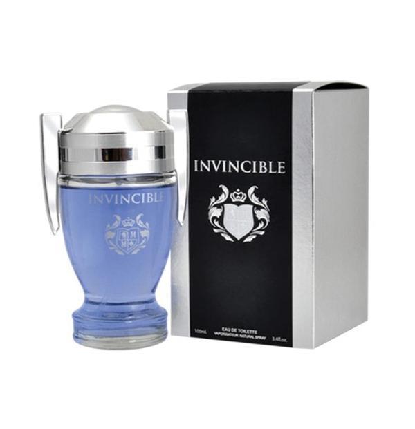 Profumo azzurro in flacone con tappo a sfera argento, scatola nera con logo INVINCIBLE