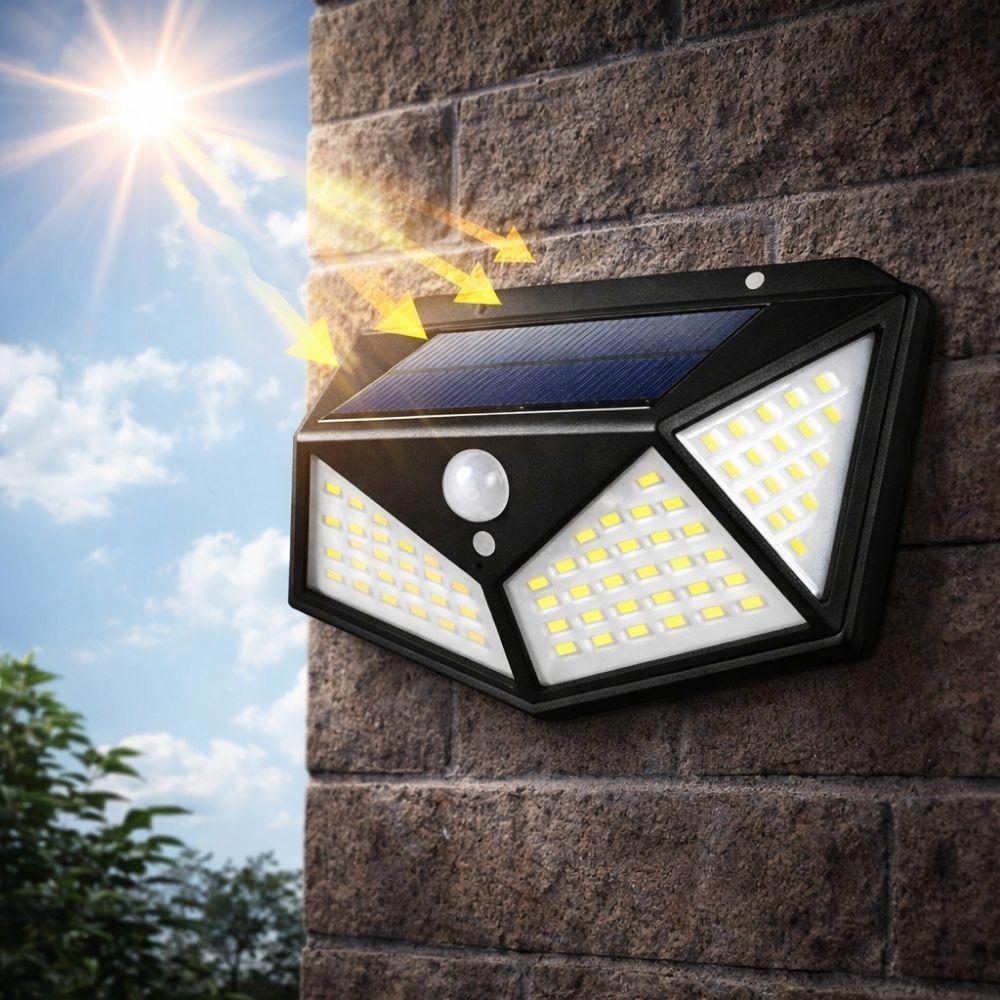 faretto da parete con pannello solare 20w - foto 4 Faretto da parete con pannello solare montato su muro durante il giorno con sole e paesaggio