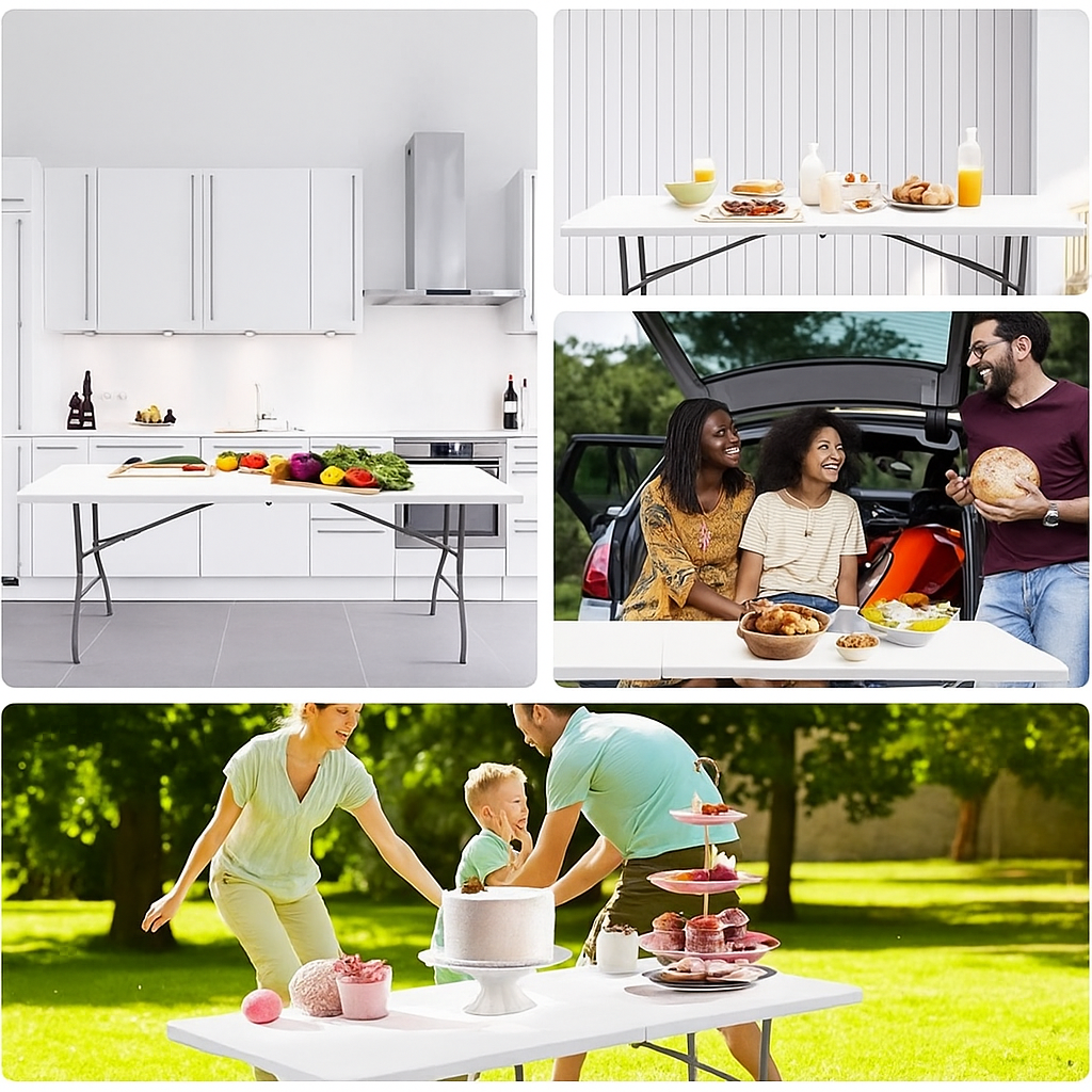 Tavolo pieghevole in uso: interno, cucina, giardino, auto