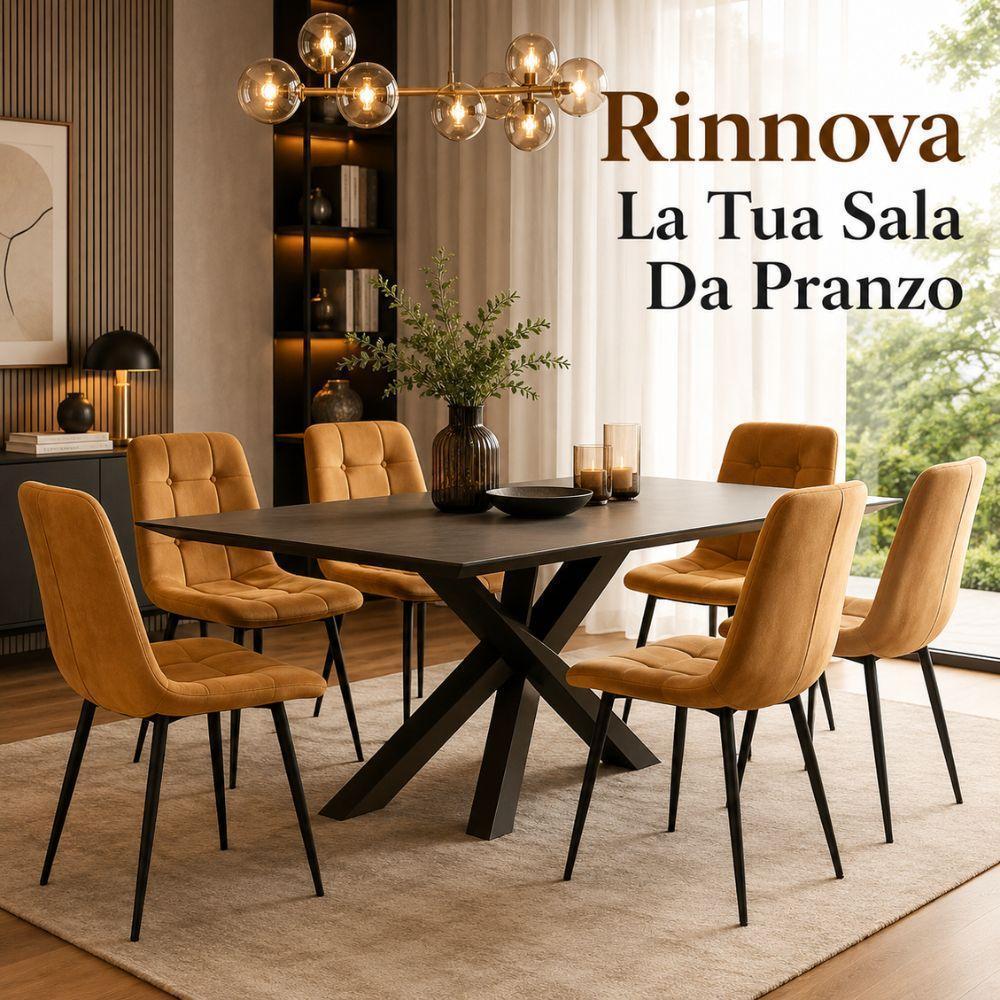 set 6 sedie da pranzo in velluto imbottite design moderno con gambe nere in metallo - foto 2 6 sedie in velluto attorno a tavolo con gambe nere in metallo, ambientazione moderna