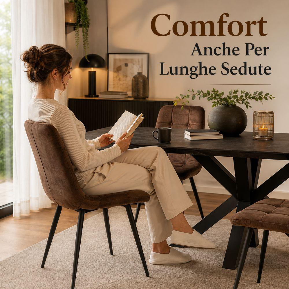 set 6 sedie da pranzo in velluto imbottite design moderno con gambe nere in metallo - foto 3 Sedia singola in velluto imbottita con gambe nere in metallo, persona seduta in contesto di utilizzo