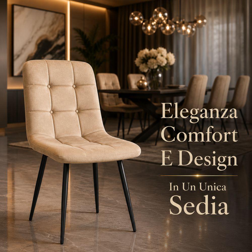 set 6 sedie da pranzo in velluto imbottite design moderno con gambe nere in metallo - foto 4 Sedia imbottita velluto beige con scrivania, sfondo scuro, arredo moderno