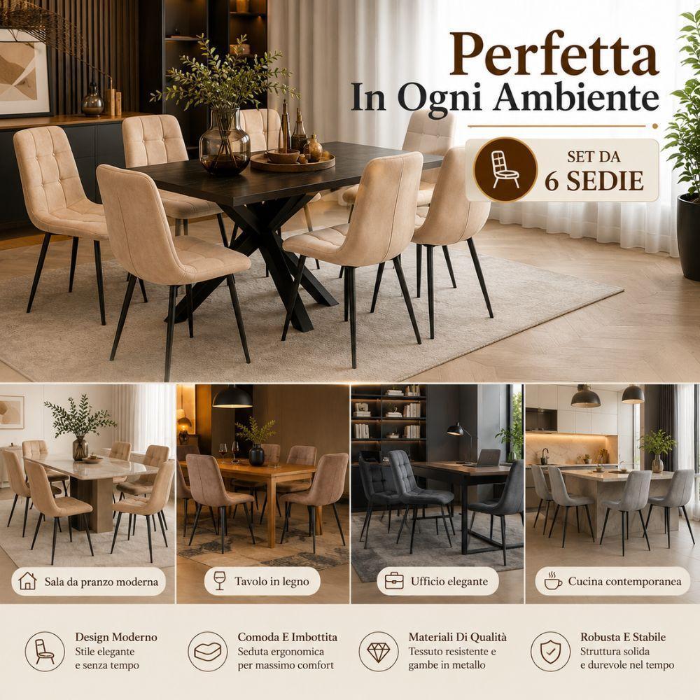 set 6 sedie da pranzo in velluto imbottite design moderno con gambe nere in metallo - foto 5 Dettaglio delle gambe in metallo nero delle sedie da pranzo