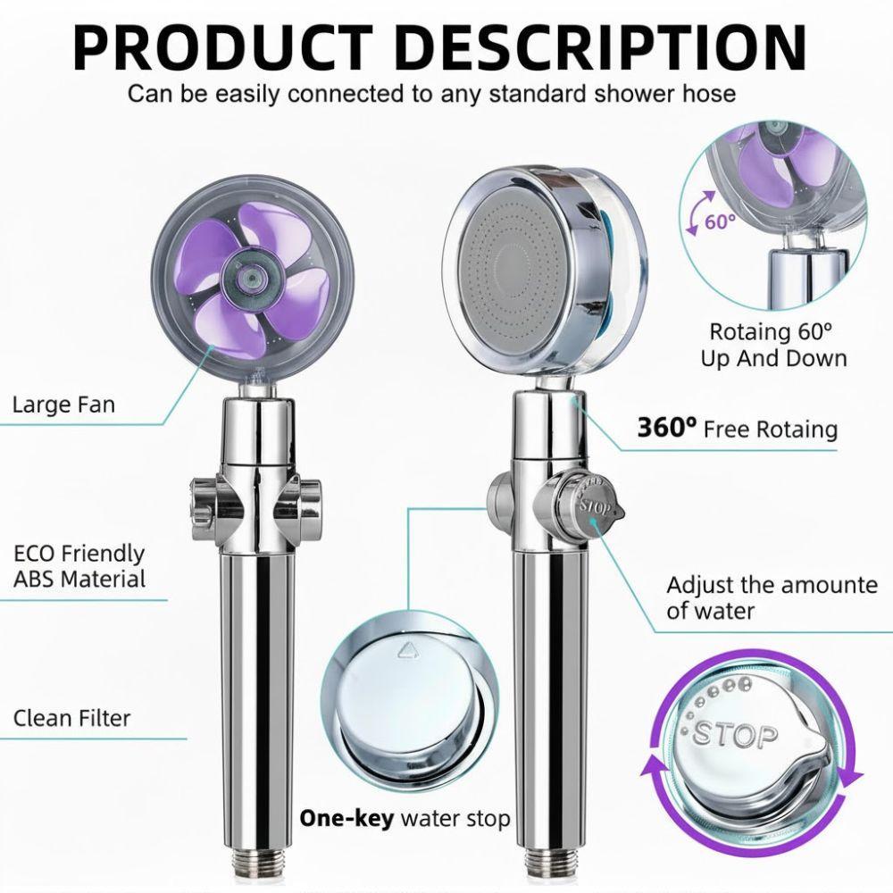  soffione doccia alta pressione, ventola turbo fan 360 gradi con interruttore stop e filtro - foto 5