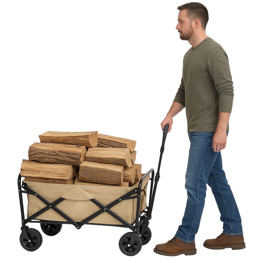 Carrello pieghevole beige con cestello in tela, vista laterale
