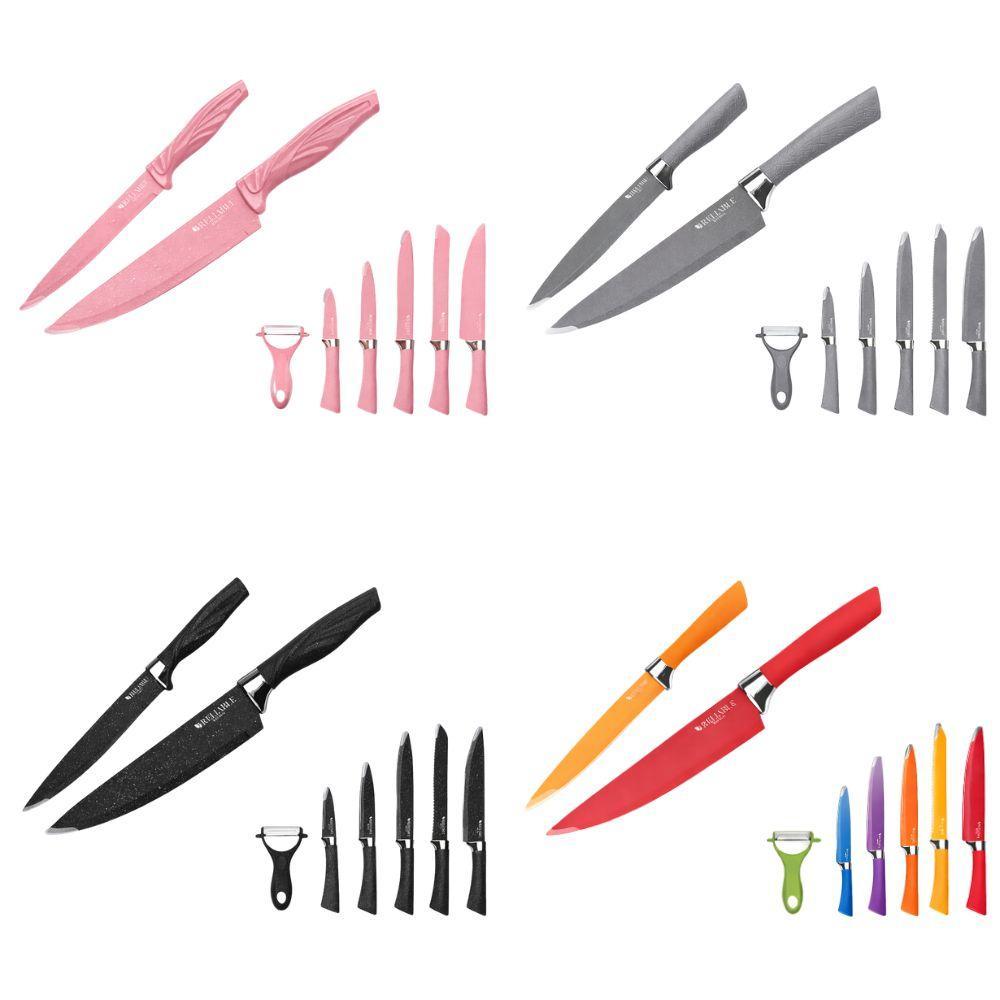 Set 6 coltelli da cucina: varianti colore rosa, grigio, nero, arancione
