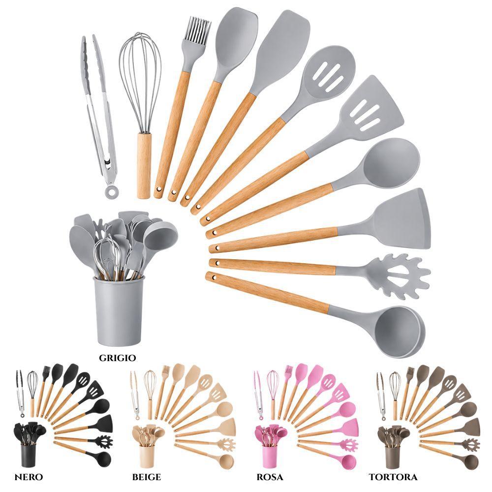  set da 12 pz. di mestoli da cucina in silicone e legno con cestello contenitore - foto 1