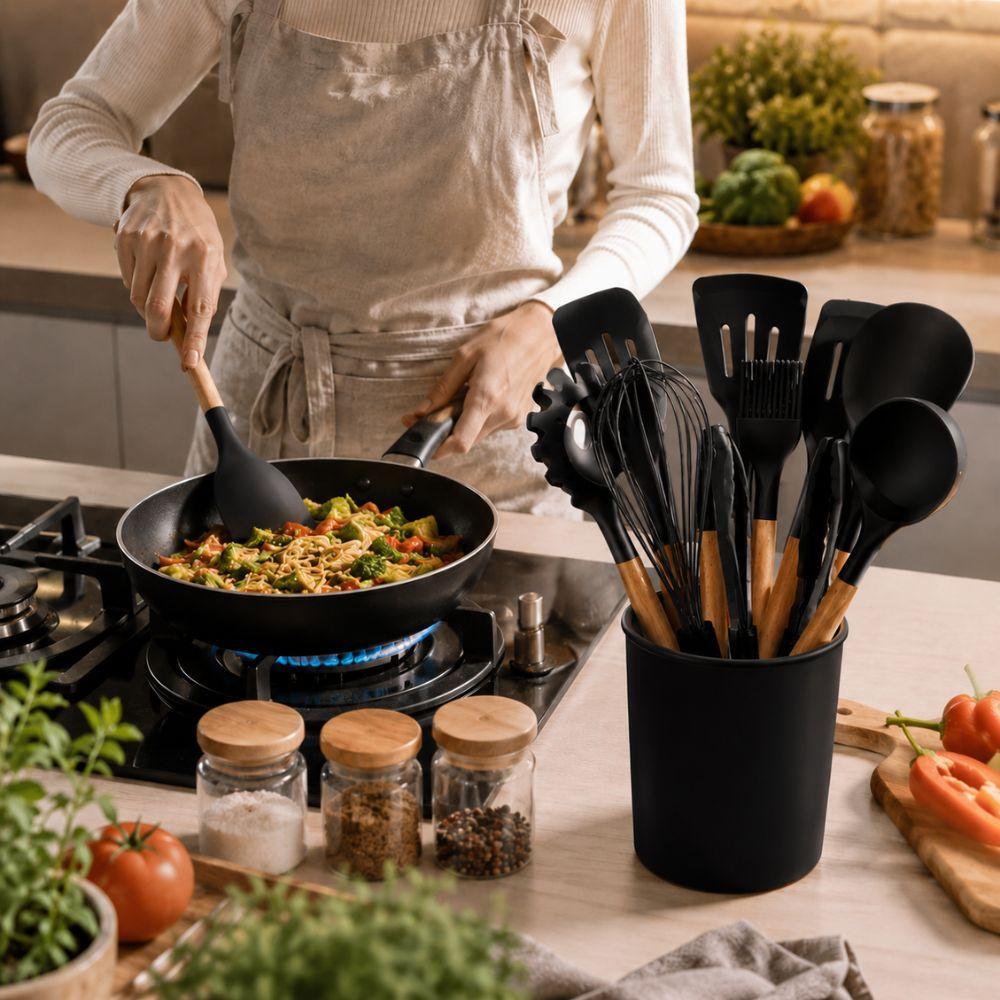  set da 12 pz. di mestoli da cucina in silicone e legno con cestello contenitore - foto 2