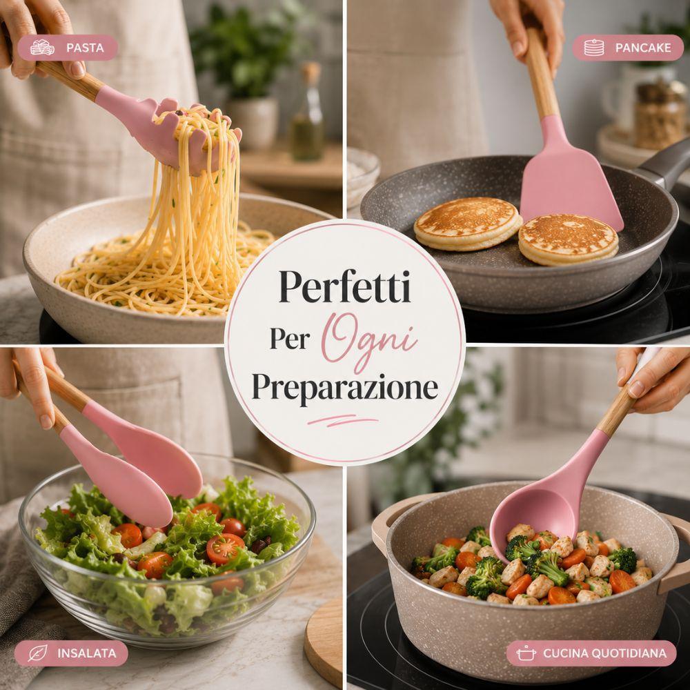  set da 12 pz. di mestoli da cucina in silicone e legno con cestello contenitore - foto 4
