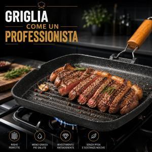 Bistecchiera grill effetto barbecue stone antiaderente 36x26 cm con manico in legno