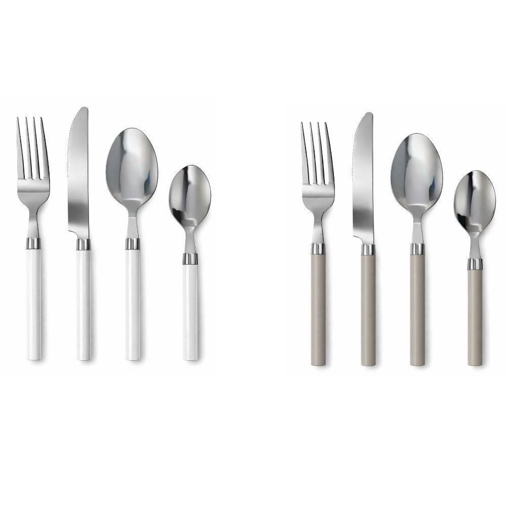 Due set di posate da 4 pezzi con manici taupe e bianchi