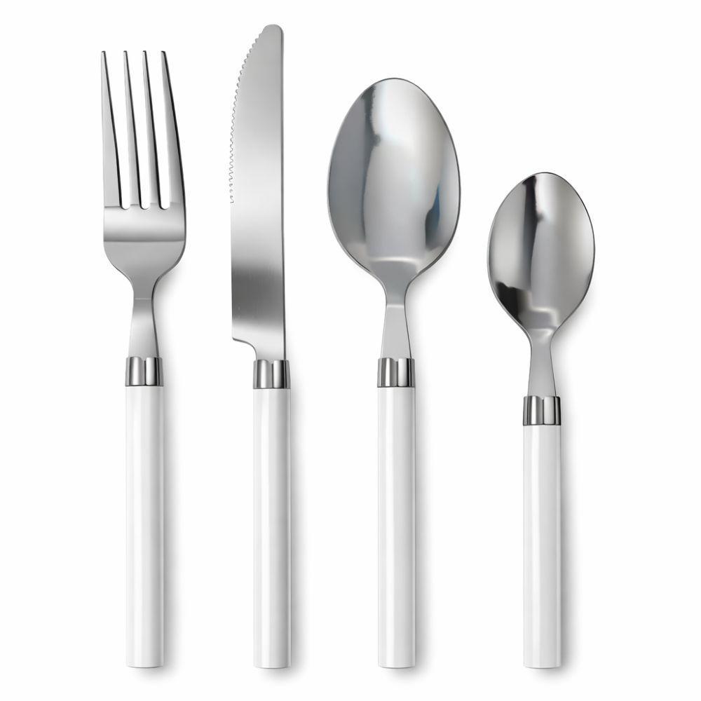 Posate singole: forchetta, coltello, cucchiaio grande, cucchiaio piccolo con manici bianchi e grigi