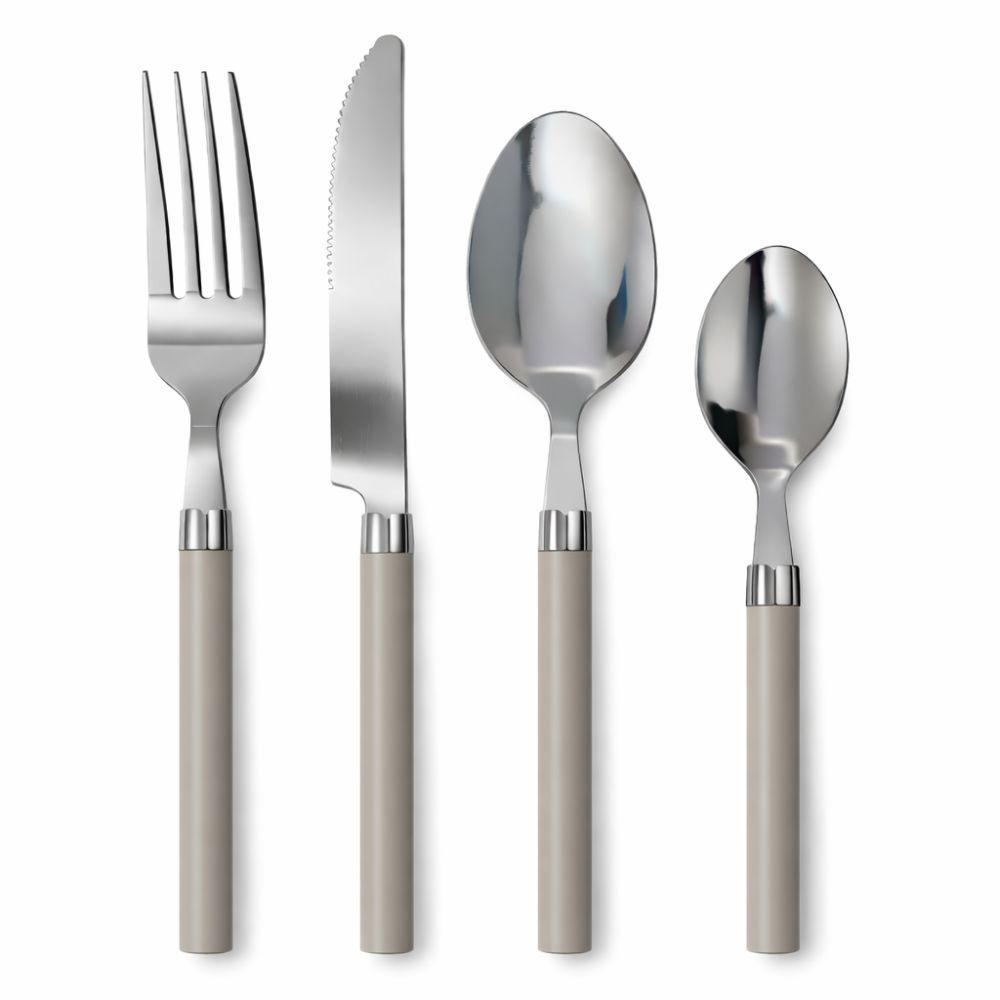 Set singolo 24 pezzi con manici bianco e taupe su sfondo bianco