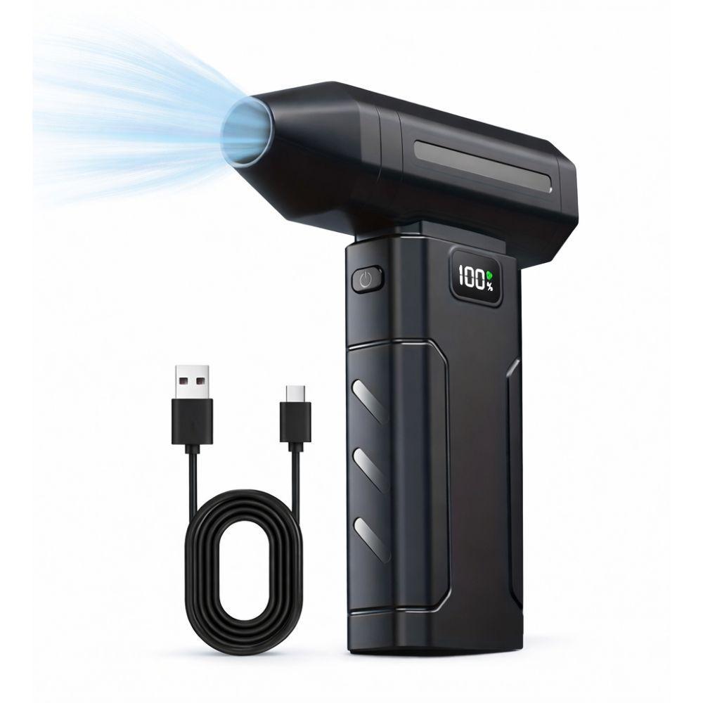 Soffiatore portatile nero con ugello che emette getto d'aria, cavo USB e batteria inclusi