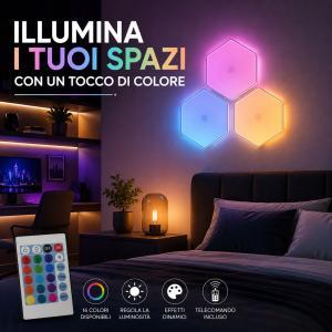Set 3 luci led esagonali rgb con telecomando illuminazione decorativa multicolore