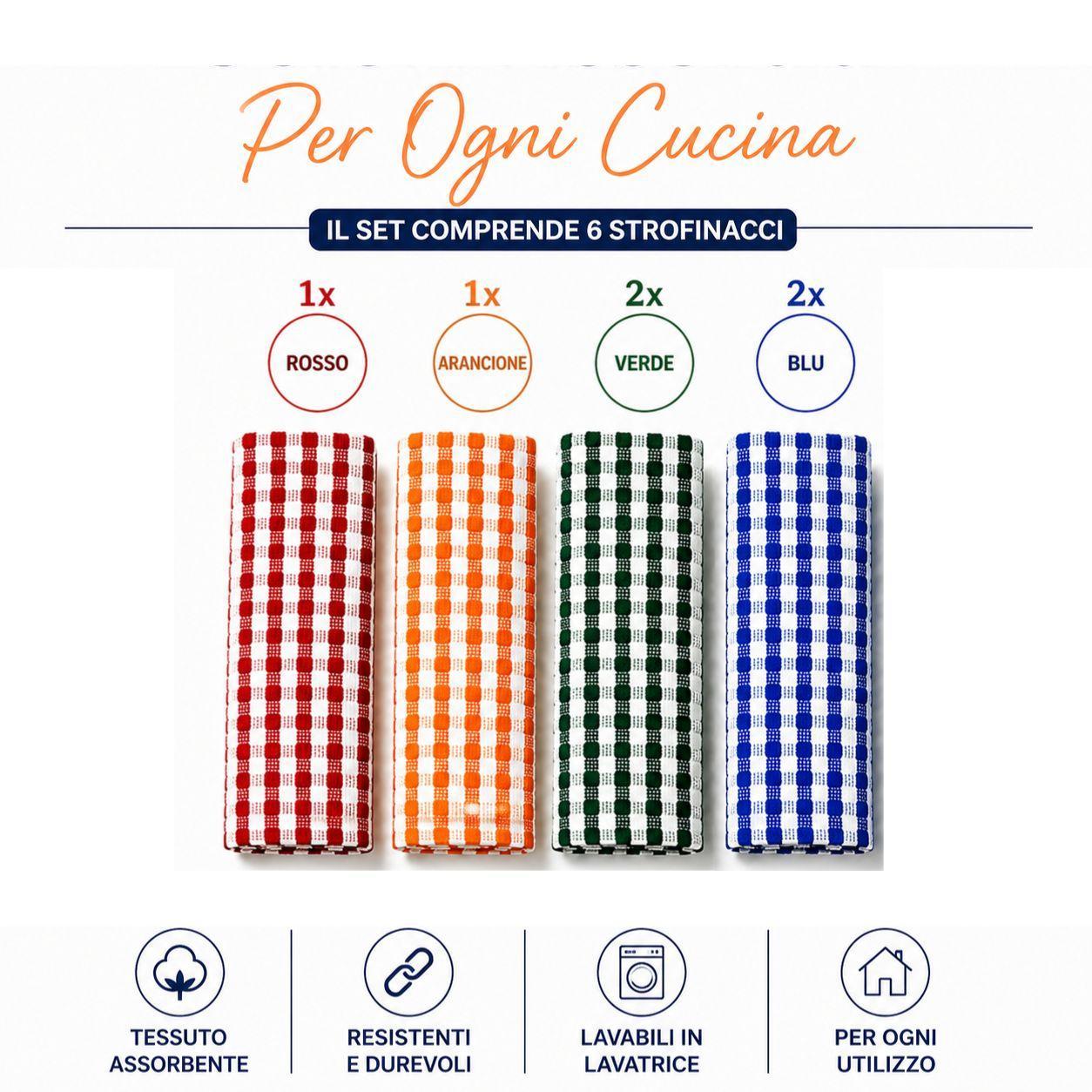Set di strofinacci da cucina in cotone multicolore, stesi per mostrarne la qualitu00e0 e l'assorbenza