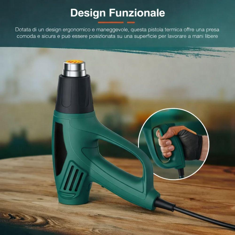 pistola termica 2000w doppia temperatura con 4 ugelli inclusi - foto 4 Pistola termica su superficie con dettaglio grip ingrandito
