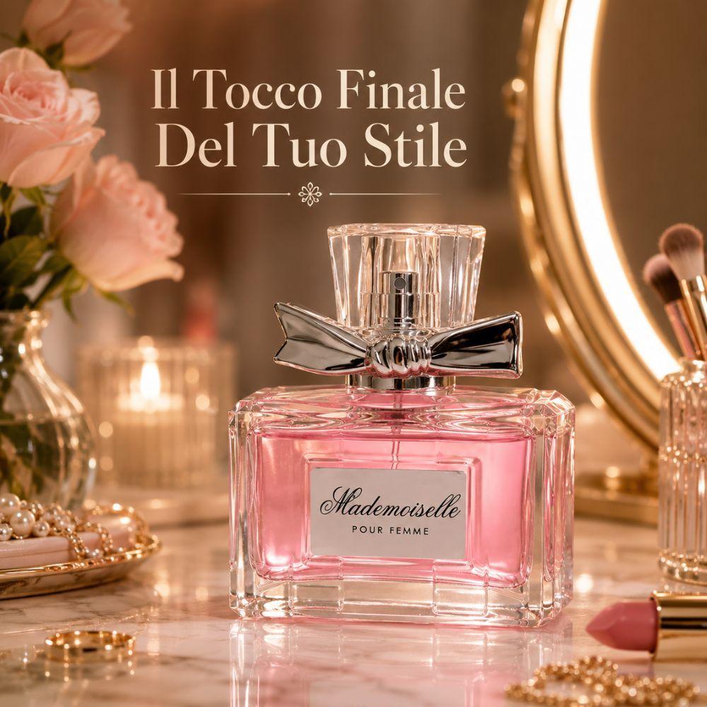 mademoiselle pour femme eau de parfum 100 ml fragranza elegante - foto 2 Profumo Mademoiselle in ambientazione elegante con specchio, fiori, accessori di stile e testo sovrapposto