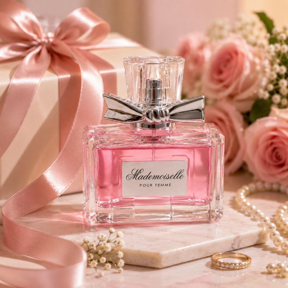 mademoiselle pour femme eau de parfum 100 ml fragranza elegante - foto 4 bottiglia di profumo Mademoiselle Pour Femme con decorazioni da regalo