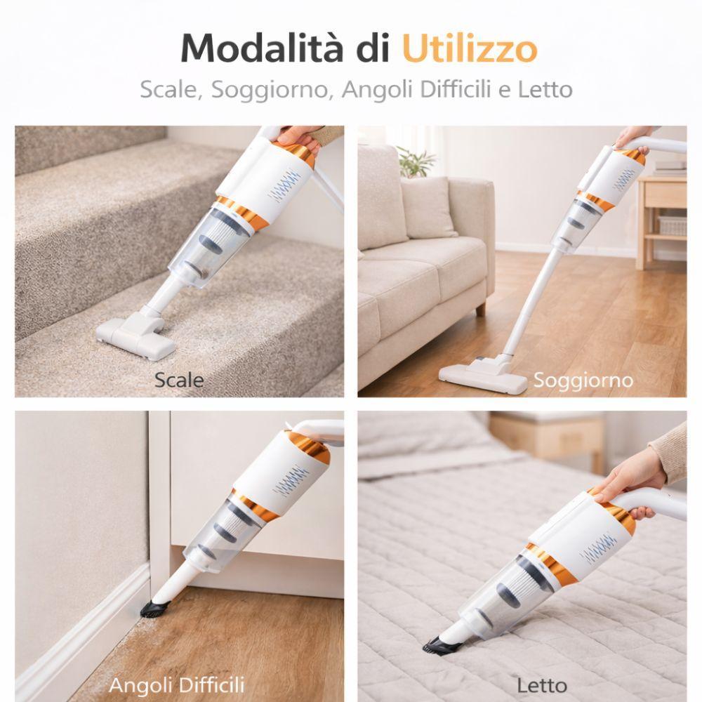 Scopa elettrica multifunzionale 2in1 in uso con accessori inclusi
