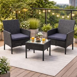 Set salotto da giardino 3 pezzi effetto rattan nero con cuscini