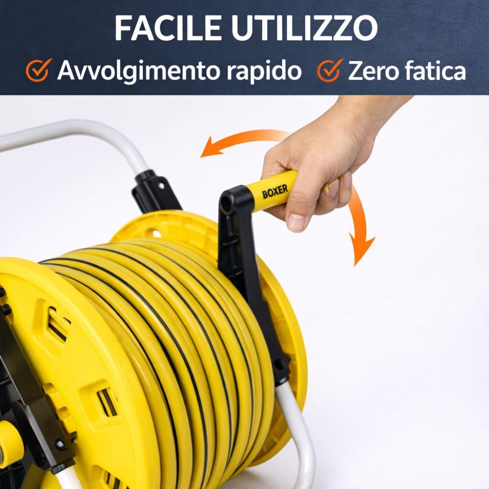 avvolgitubo da giardino 50 m tubo resistente con facile riavvolgimento - foto 4 Avvolgitubo da giardino in uso con bobina di riavvolgimento e tubo esteso