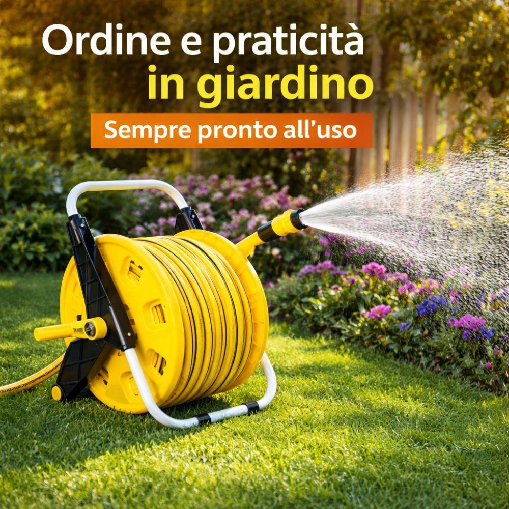 avvolgitubo da giardino 50 m tubo resistente con facile riavvolgimento - foto 5 Avvolgitubo da giardino con tubo arrotolato, vista del meccanismo di riavvolgimento