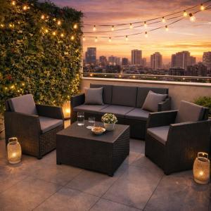 Set salotto da giardino 4 pezzi effetto rattan nero con cuscini