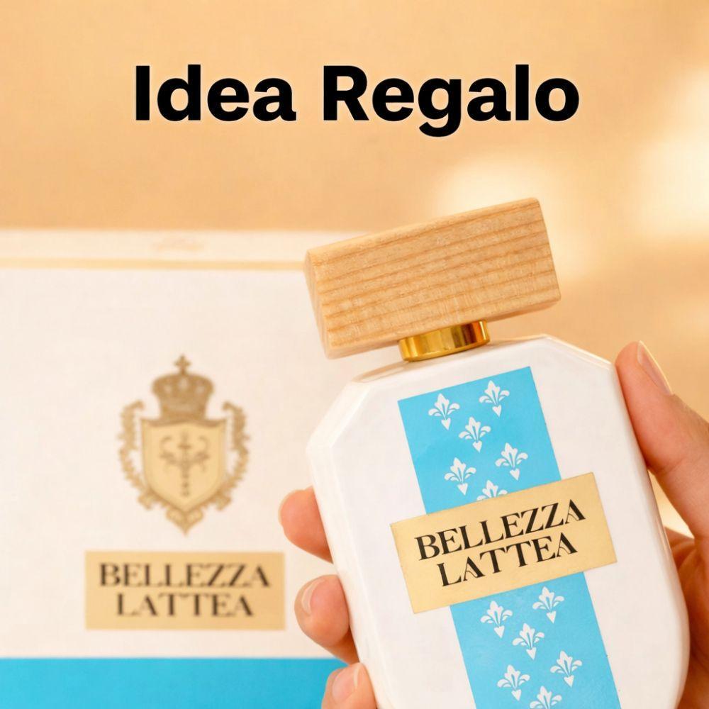 Flacone di Profumo Bellezza Lattea in mano con indicazione Idea Regalo
