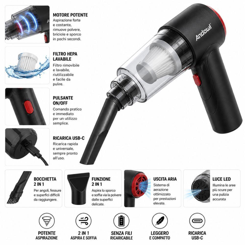  aspiratore portatile 2 in 1 senza fili – mini aspirapolvere auto e casa compatto e potente - foto 4