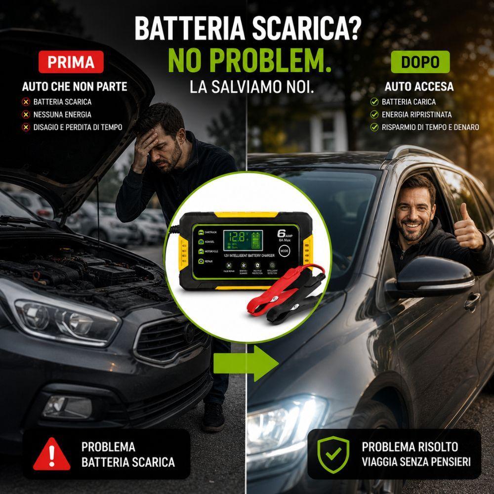 Display LCD che mostra tensione, corrente e stato di carica della batteria
