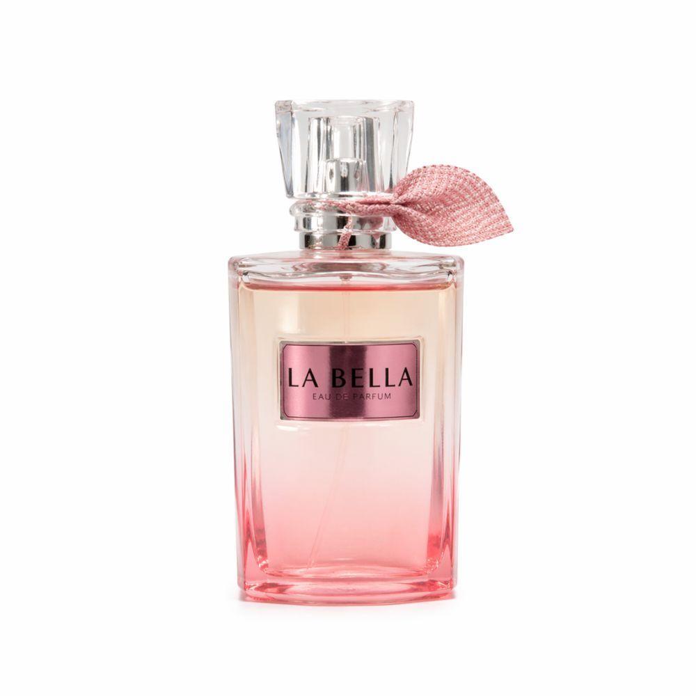Bottiglia di profumo La Bella Eau de Parfum 100ml trasparente con sfumatura rosa, tappo a forma di goccia