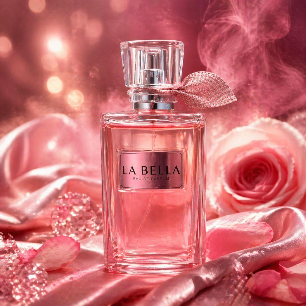 Profumo La Bella circondato da rose rosa, petali e decorazioni floreali in ambientazione romantica