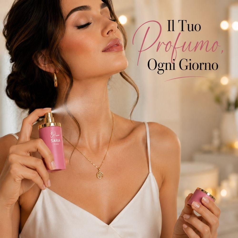 Lifestyle elegante con profumo SARA e dettagli decorativi in tonalità rosa