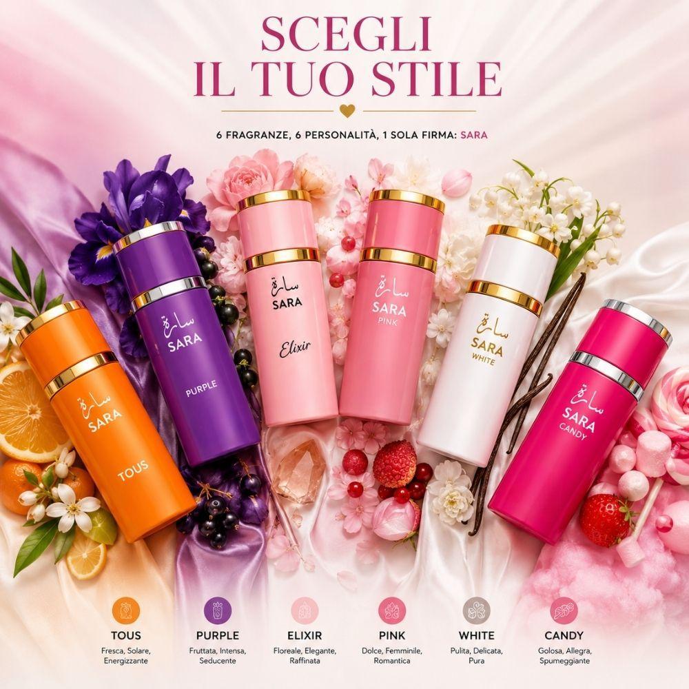 Sei flaconi 25ml circondati da fiori con testo 