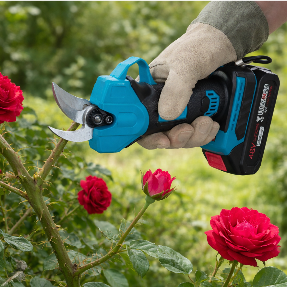 Cesoia elettrica in azione durante il taglio di rami in giardino