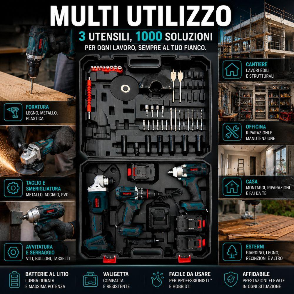 kit 3 in 1 avvitatore, smerigliatrice angolare e avvitatore a impulsi con 3 batterie, punte e inserti - foto 3 kit 3 in 1 avvitatore, smerigliatrice angolare e avvitatore a impulsi con 3 batterie, punte e inserti - foto 3