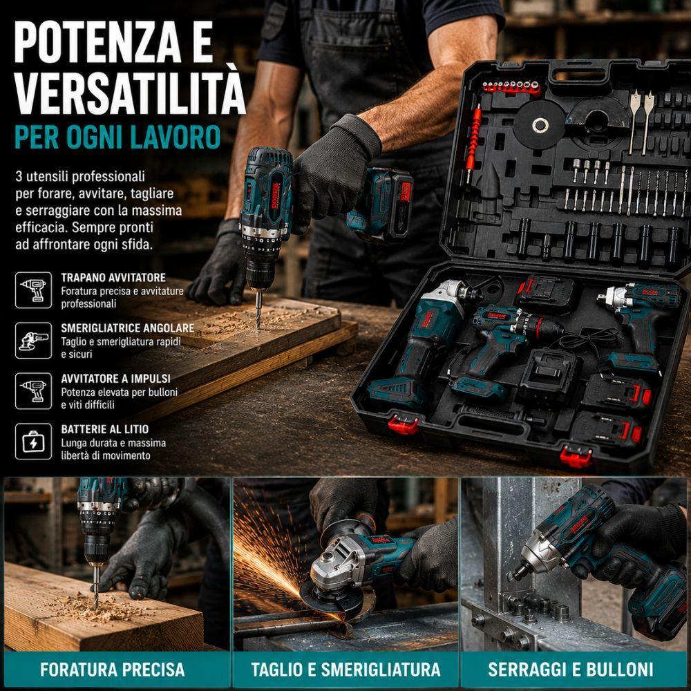 kit 3 in 1 avvitatore, smerigliatrice angolare e avvitatore a impulsi con 3 batterie, punte e inserti - foto 4 kit 3 in 1 avvitatore, smerigliatrice angolare e avvitatore a impulsi con 3 batterie, punte e inserti - foto 4