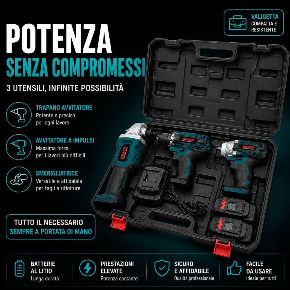 kit 3 in 1 avvitatore, smerigliatrice angolare e avvitatore a impulsi con 3 batterie, punte e inserti - foto 5 kit 3 in 1 avvitatore, smerigliatrice angolare e avvitatore a impulsi con 3 batterie, punte e inserti - foto 5