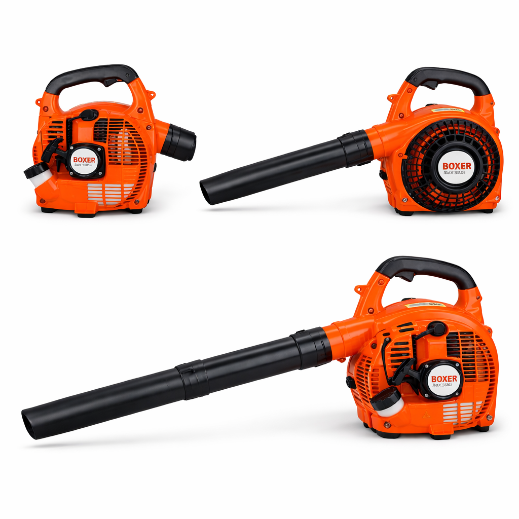 soffiatore a scoppio professionale boxer bx-3241 motore potente alta velocita aria per foglie giardino pulizia esterna - foto 1 Soffiatore Boxer BX-3241: tre viste frontale, laterale e posteriore dello stesso modello a motore arancione e nero