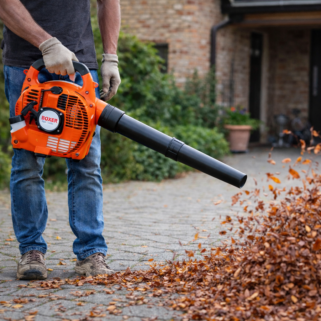 soffiatore a scoppio professionale boxer bx-3241 motore potente alta velocita aria per foglie giardino pulizia esterna - foto 2 Soffiatore Boxer BX-3241 in azione durante la pulizia esterna di foglie