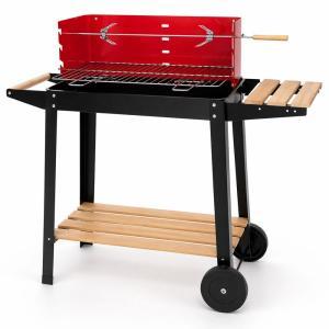 Barbecue carrello a carbonella con ripiani in legno e ruote grill da giardino