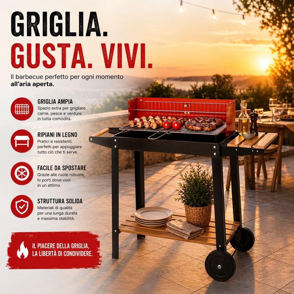 barbecue carrello a carbonella con ripiani in legno e ruote grill da giardino - foto 2 barbecue carrello a carbonella con ripiani in legno e ruote grill da giardino - foto 2