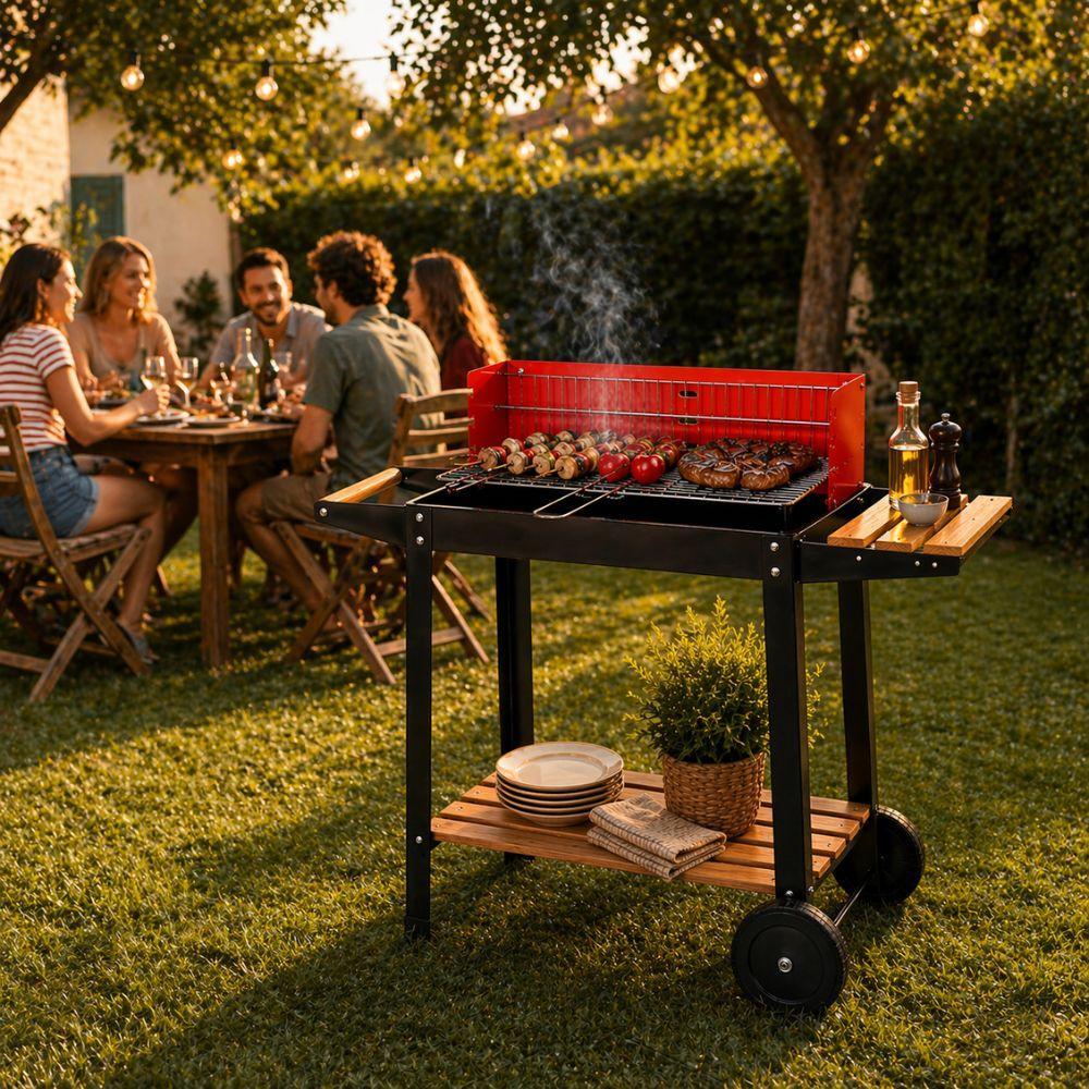 barbecue carrello a carbonella con ripiani in legno e ruote grill da giardino - foto 4 barbecue carrello a carbonella con ripiani in legno e ruote grill da giardino - foto 4