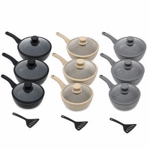 Set padelle 7 pezzi effetto pietra lavica antiaderenti con coperchio e mestolo