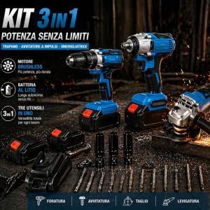 Kit 3in1 avvitatore, avvitatore a impulsi e  smerigliatrice con accessori