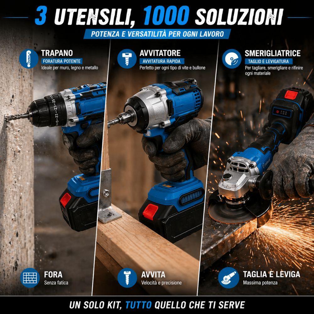  kit 3in1 avvitatore, avvitatore a impulsi e  smerigliatrice con accessori - foto 4