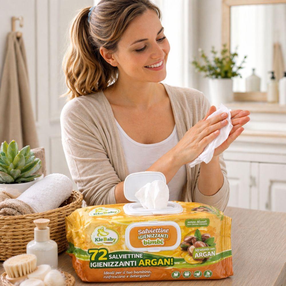 fatigati fatigati 720 salviettine igenizzanti idratanti argan (10 pacchetti da 72 pezzi) - foto 4 Salviettine igenizzanti idratanti con argan Fatigati, dettaglio confezione