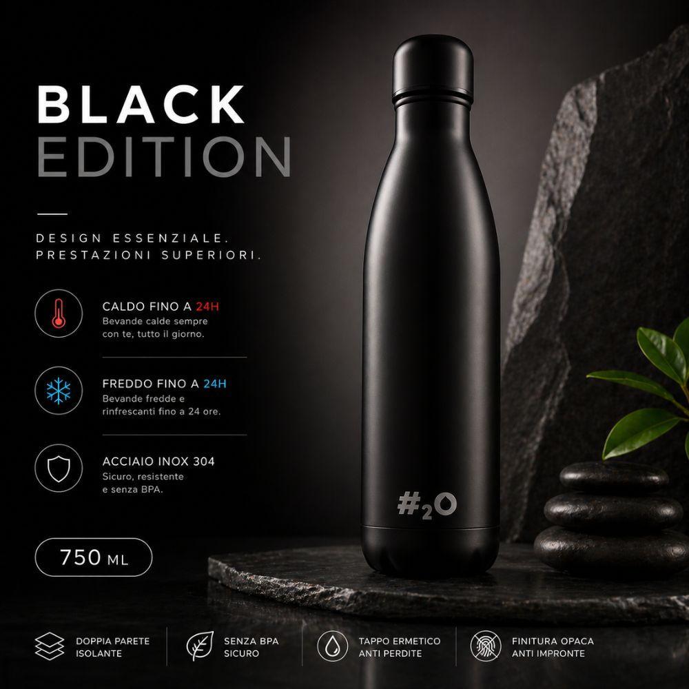 Bottiglia termica nera acciaio inox 750ml con specifiche tecniche su sfondo scuro