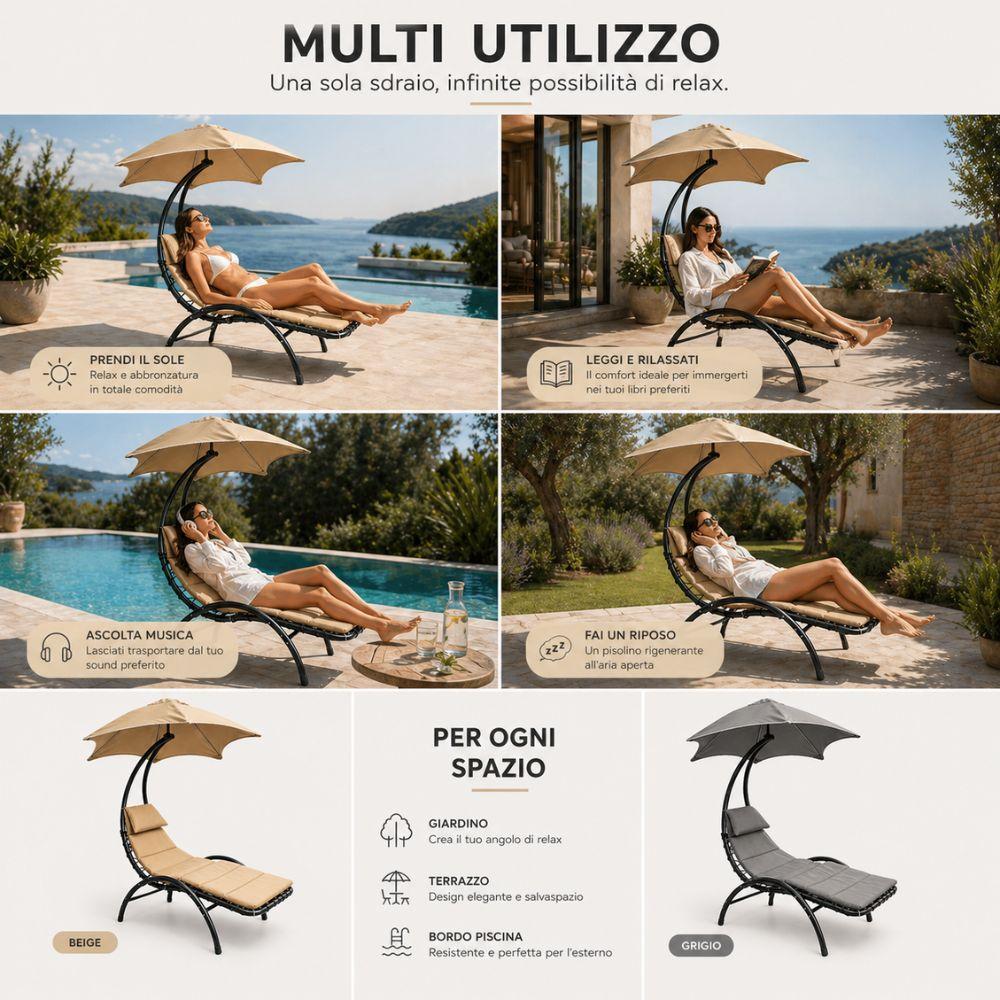 Dettaglio della sdraio con ombrellone regolabile e cuscino comfort